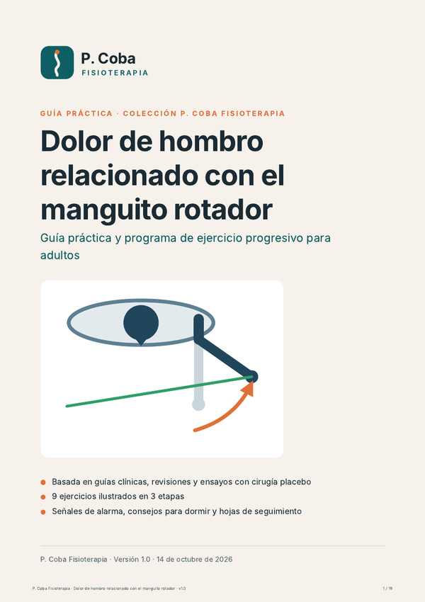 Portada de la guía en PDF sobre dolor de hombro del manguito rotador, con un ejercicio de rotación con banda elástica