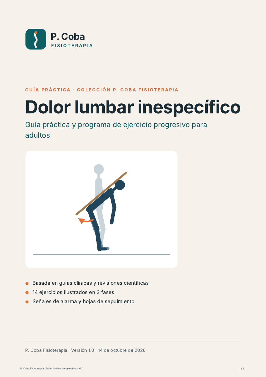 Portada de la guía en PDF sobre dolor lumbar inespecífico, con una ilustración de bisagra de cadera