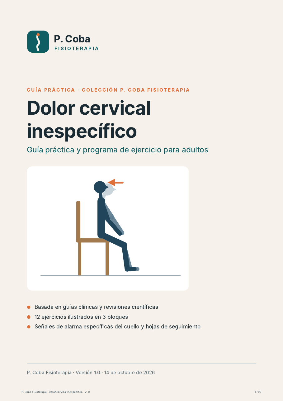 Portada de la guía en PDF sobre dolor cervical inespecífico, con una persona sentada haciendo retracción cervical