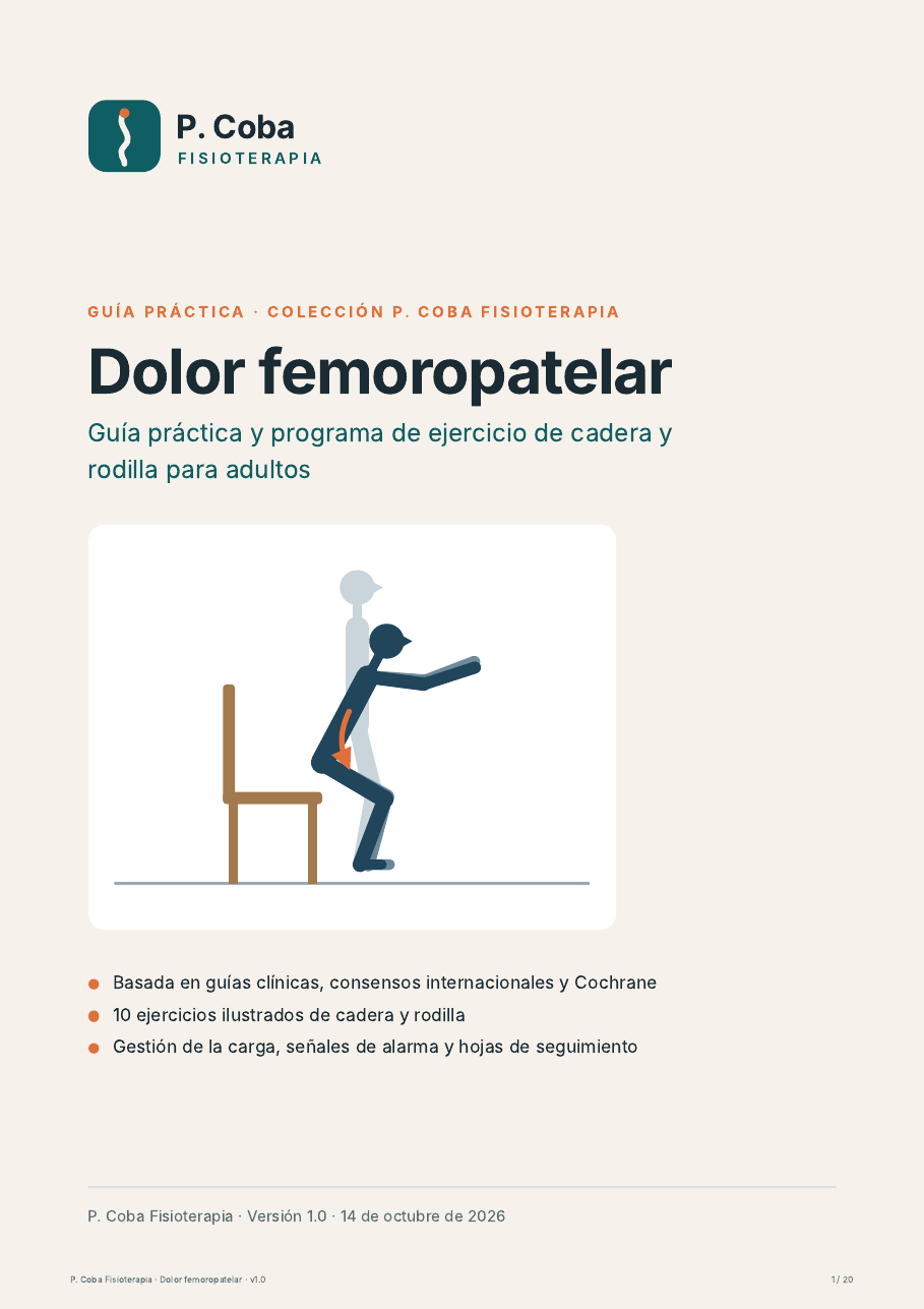 Portada de la guía en PDF sobre dolor femoropatelar, con una persona haciendo sentadilla hacia una silla