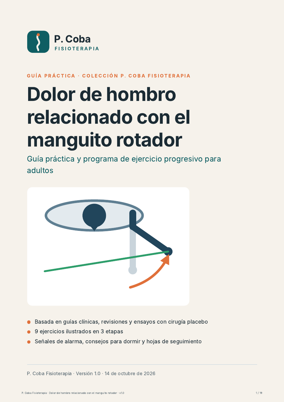 Portada de la guía en PDF sobre dolor de hombro del manguito rotador, con un ejercicio de rotación con banda elástica
