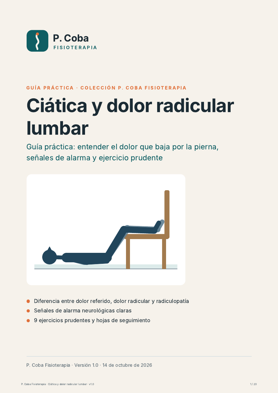 Portada de la guía en PDF sobre ciática, con una persona tumbada con las piernas apoyadas en una silla