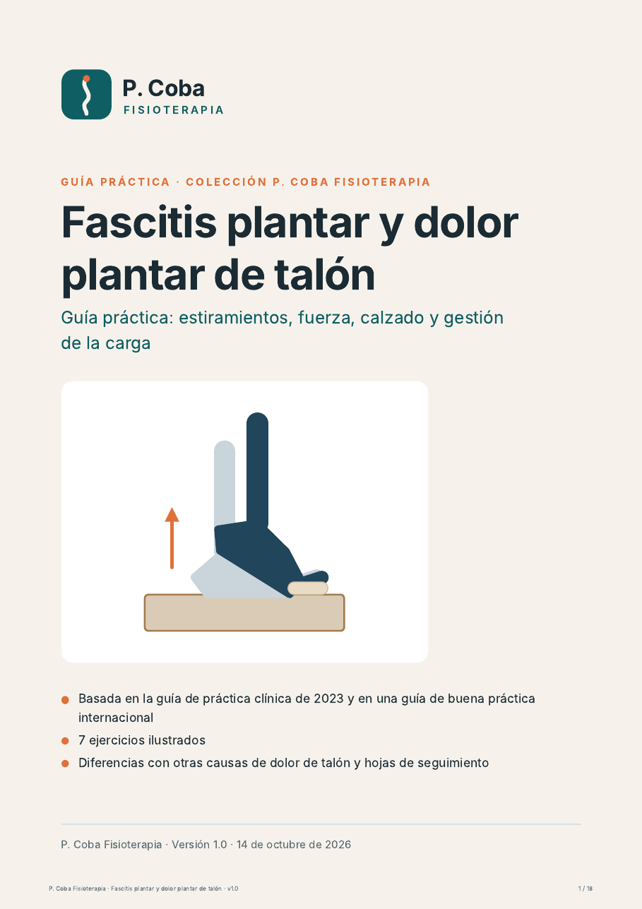Portada de la guía en PDF sobre fascitis plantar, con una elevación de talón sobre un escalón