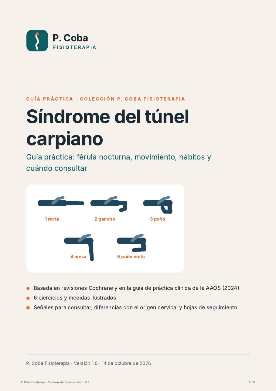 Portada de la guía en PDF sobre túnel carpiano, con las cinco posiciones de deslizamiento de tendones
